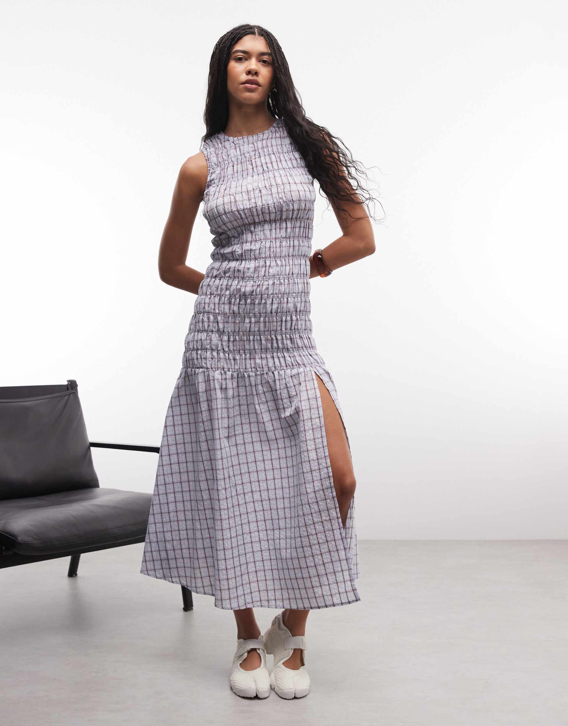 daisy street drop waist shirred maxi dress in blue burgundy plaid