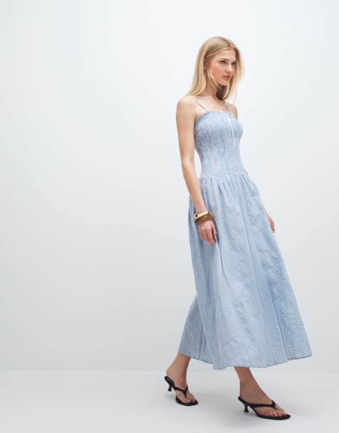 Daisy Street drop waist shirred maxi dress in blue floral gingham  - view 1