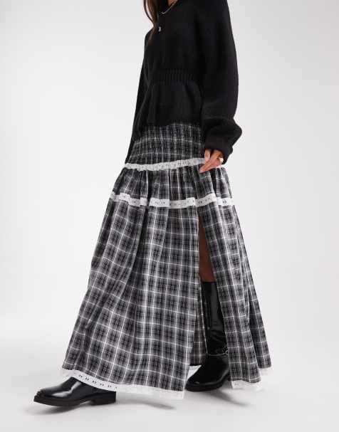 Daisy Street drop waist shirred maxi skirt in grey check - view 1