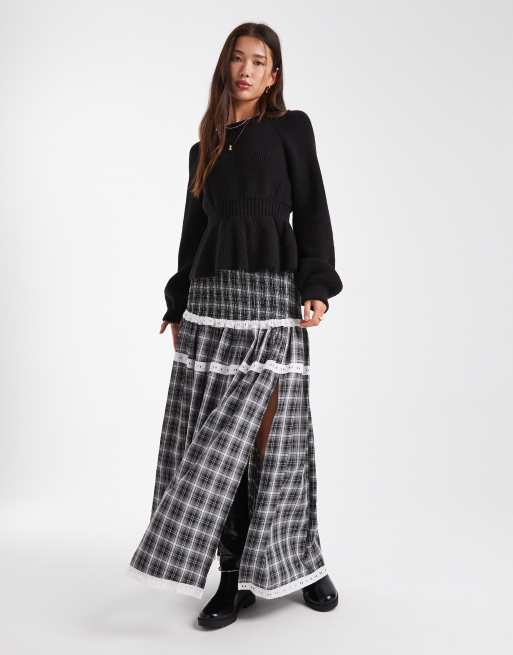Daisy Street drop waist shirred maxi skirt in grey check, 2 of 5