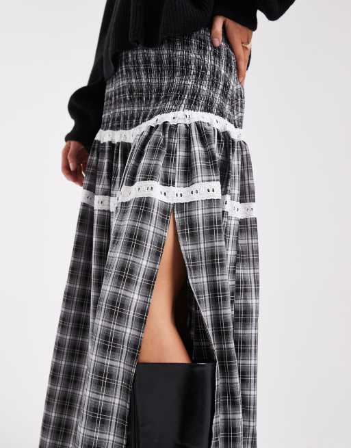 Daisy Street drop waist shirred maxi skirt in grey check, 3 of 5