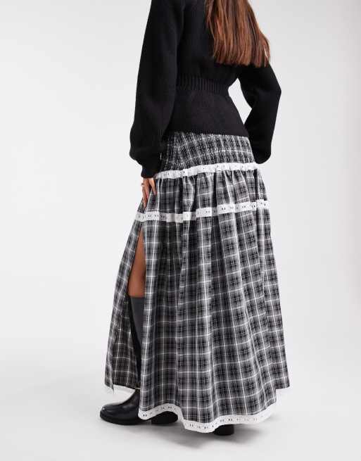 Daisy Street drop waist shirred maxi skirt in grey check, 4 of 5