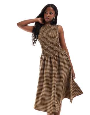 drop waist shirred midaxi dress in brown check