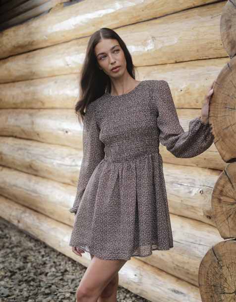 Daisy Street drop waist shirred mini dress in brown blue floral - view 1