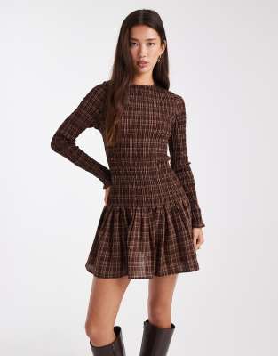 Daisy Street Daisy Street drop waist shirred mini dress in brown check