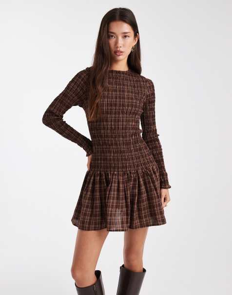 Daisy Street drop waist shirred mini dress in brown check - view 1
