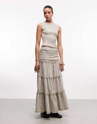 Daisy Street drop waist tiered maxi skirt in cream blue check co-ord