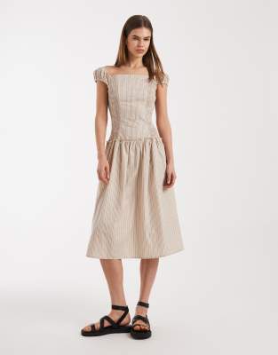 Daisy Street dropped waist corset style midaxi dress in mauve stripes mauve stripes