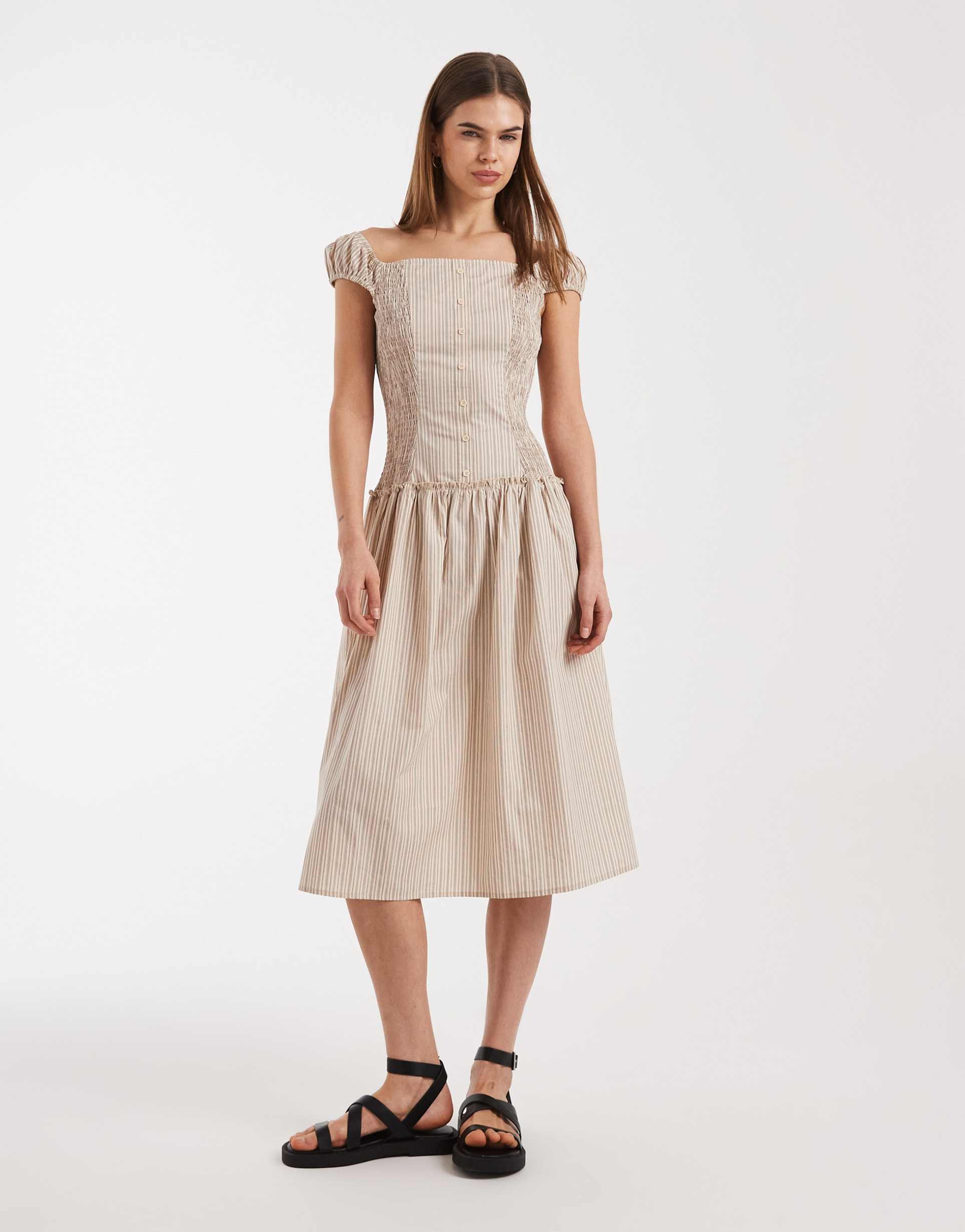daisy street dropped waist corset style midaxi dress in mauve stripes