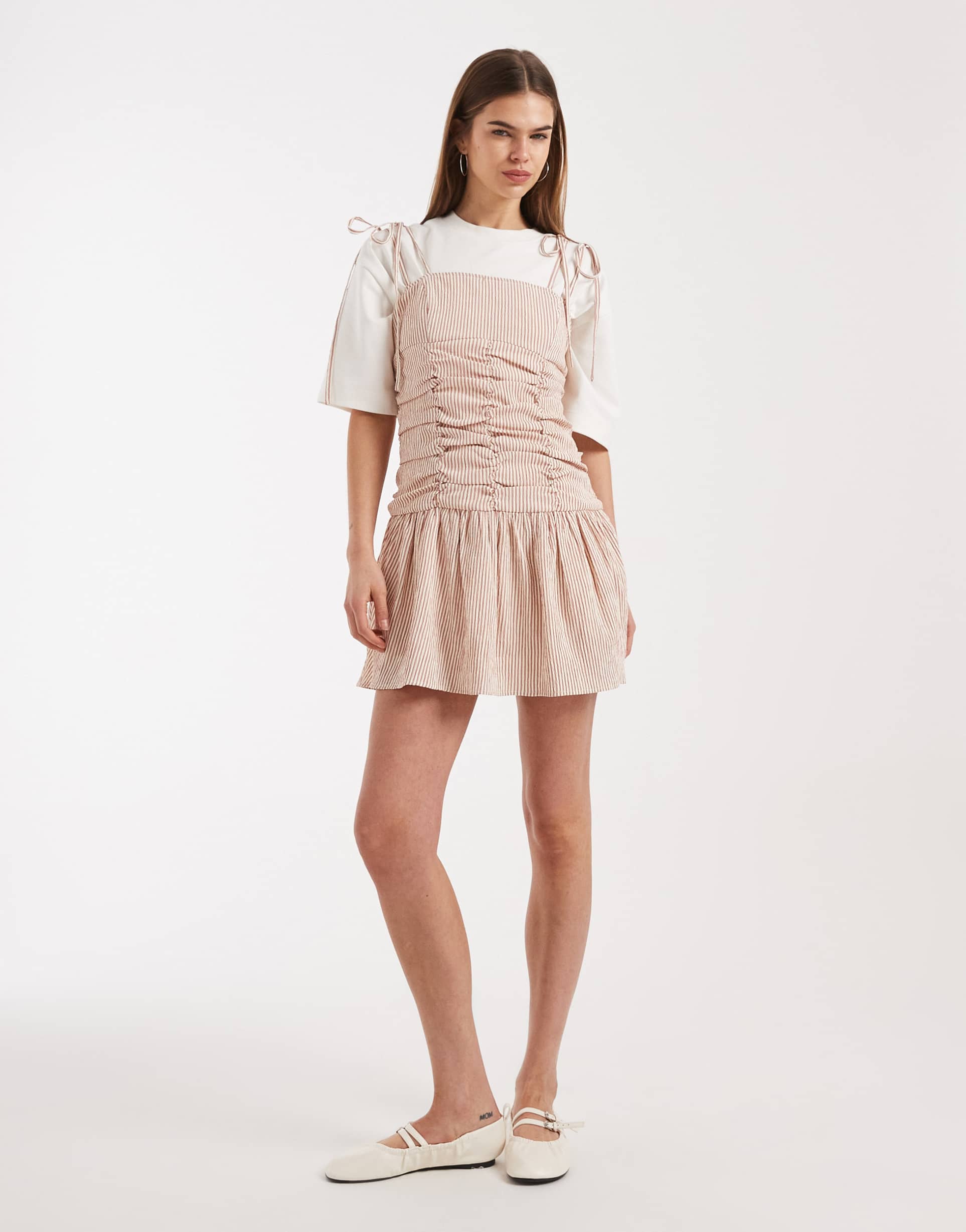 daisy street dropped waist ruched mini dress with tie straps in pink stripes