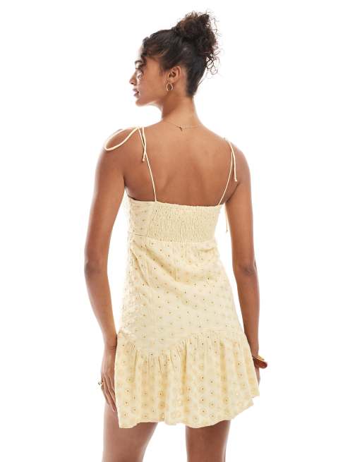 Daisy Street dropped waist seamed mini dress with tie straps in buttermilk
