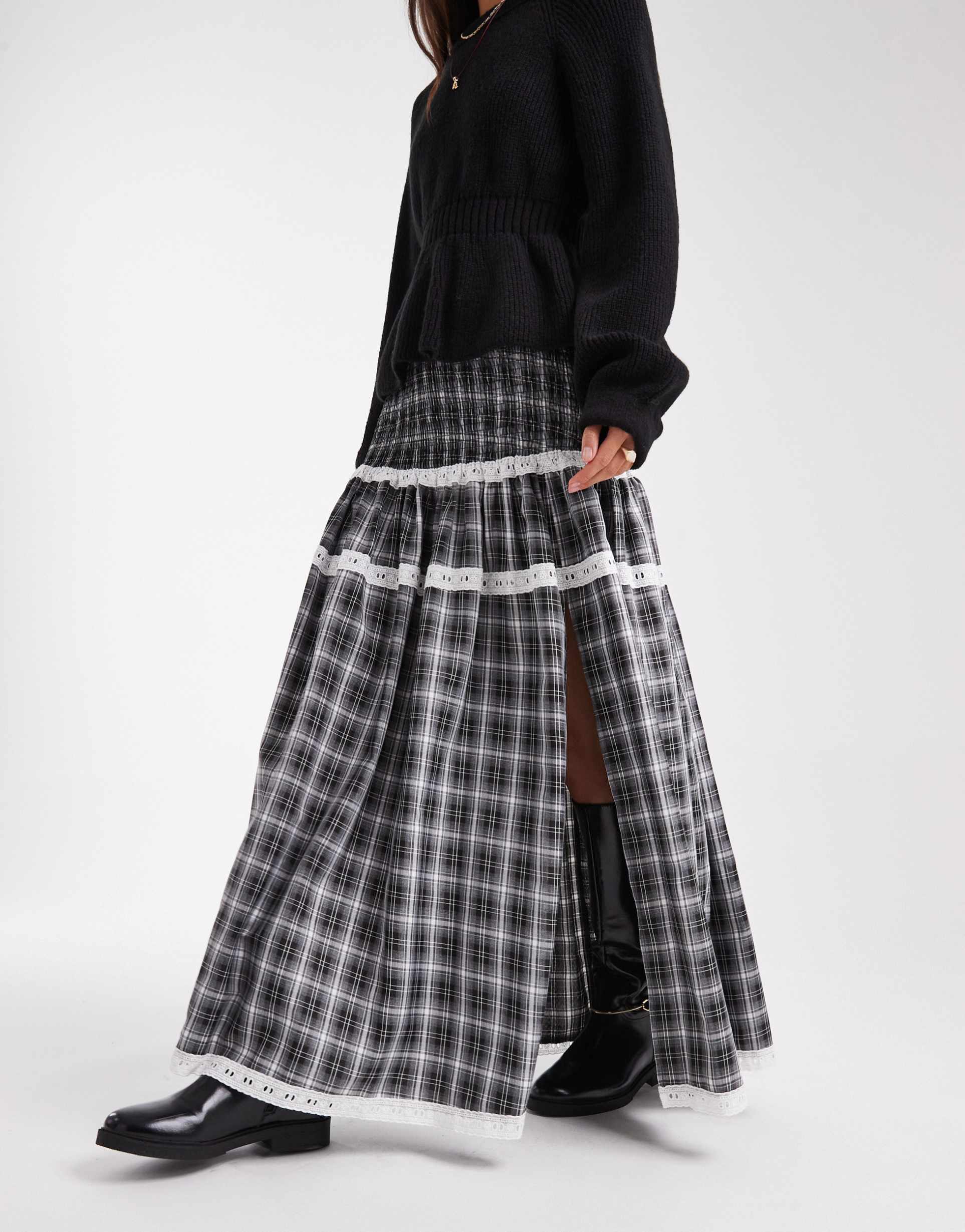 daisy street dropped waist shirred maxi skirt in gray plaid