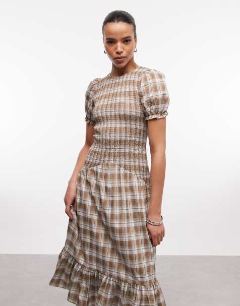 Daisy Street dropped waist shirred midi dress with puff sleeves in brown  plaid | ASOS