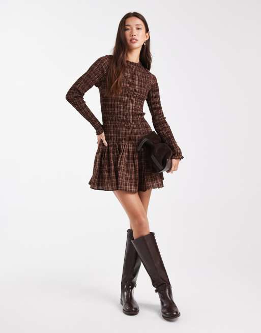 Daisy Street drop waist shirred mini dress in brown check