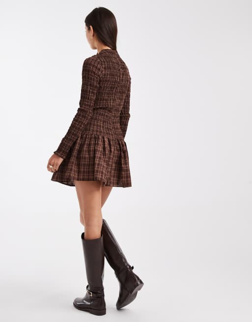 Daisy Street drop waist shirred mini dress in brown check