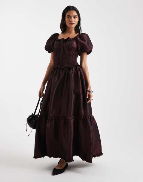 Daisy Street dropped waist shirred puff sleeve maxi dress in burgundy taffeta - view 1