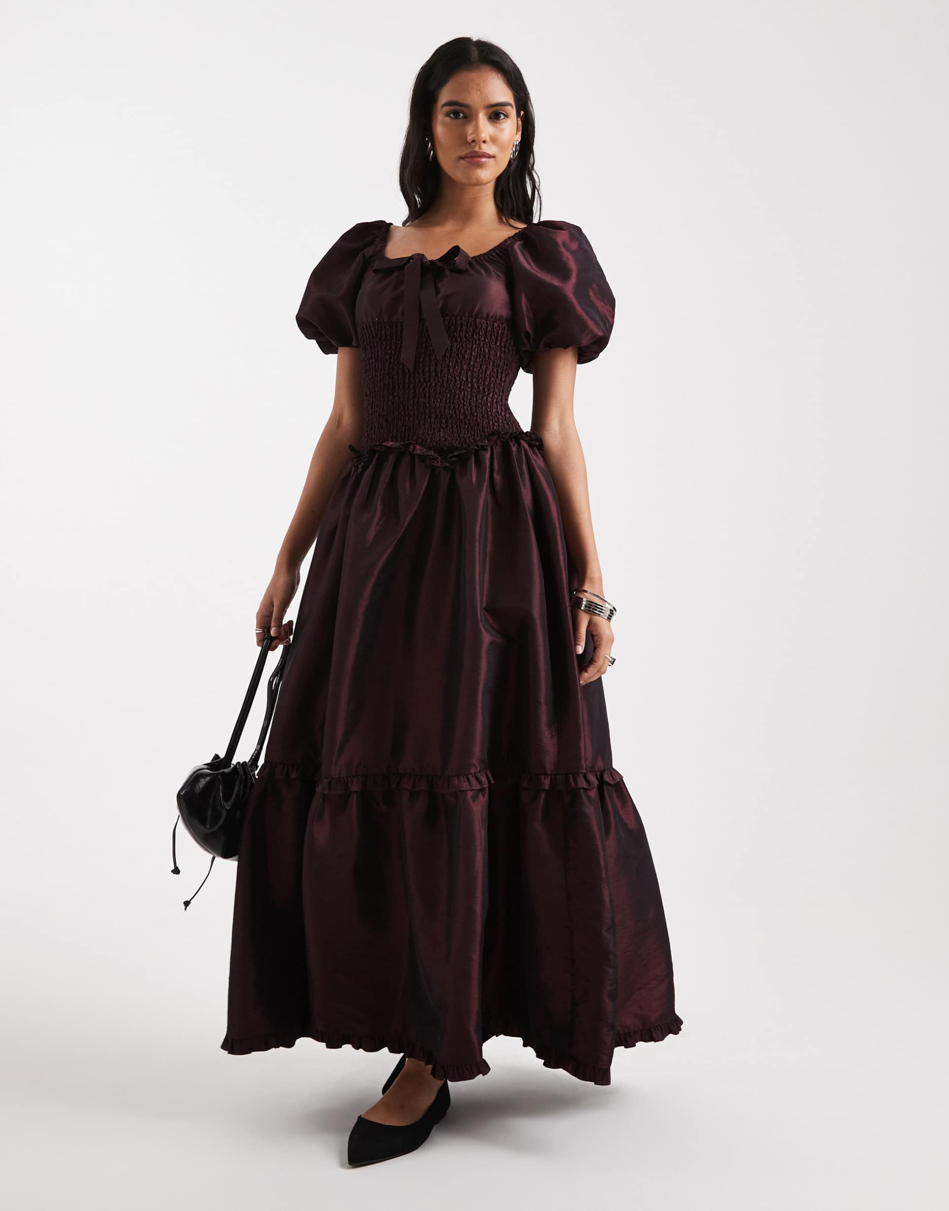 daisy street dropped waist shirred puff sleeve maxi dress in burgundy taffeta