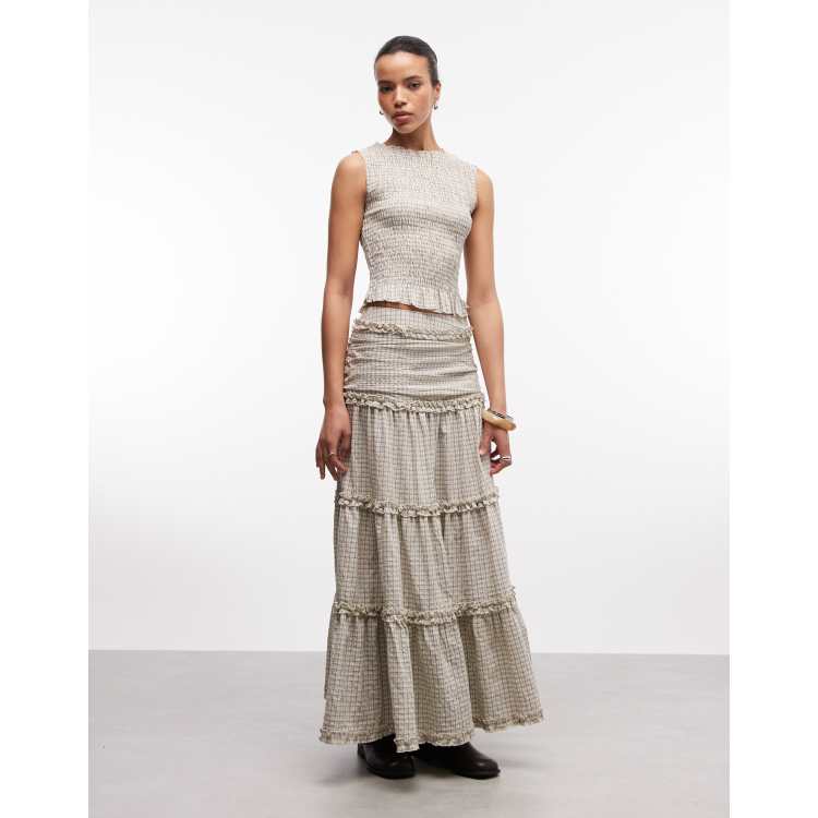 Daisy Street dropped waist tiered maxi skirt in cream and blue