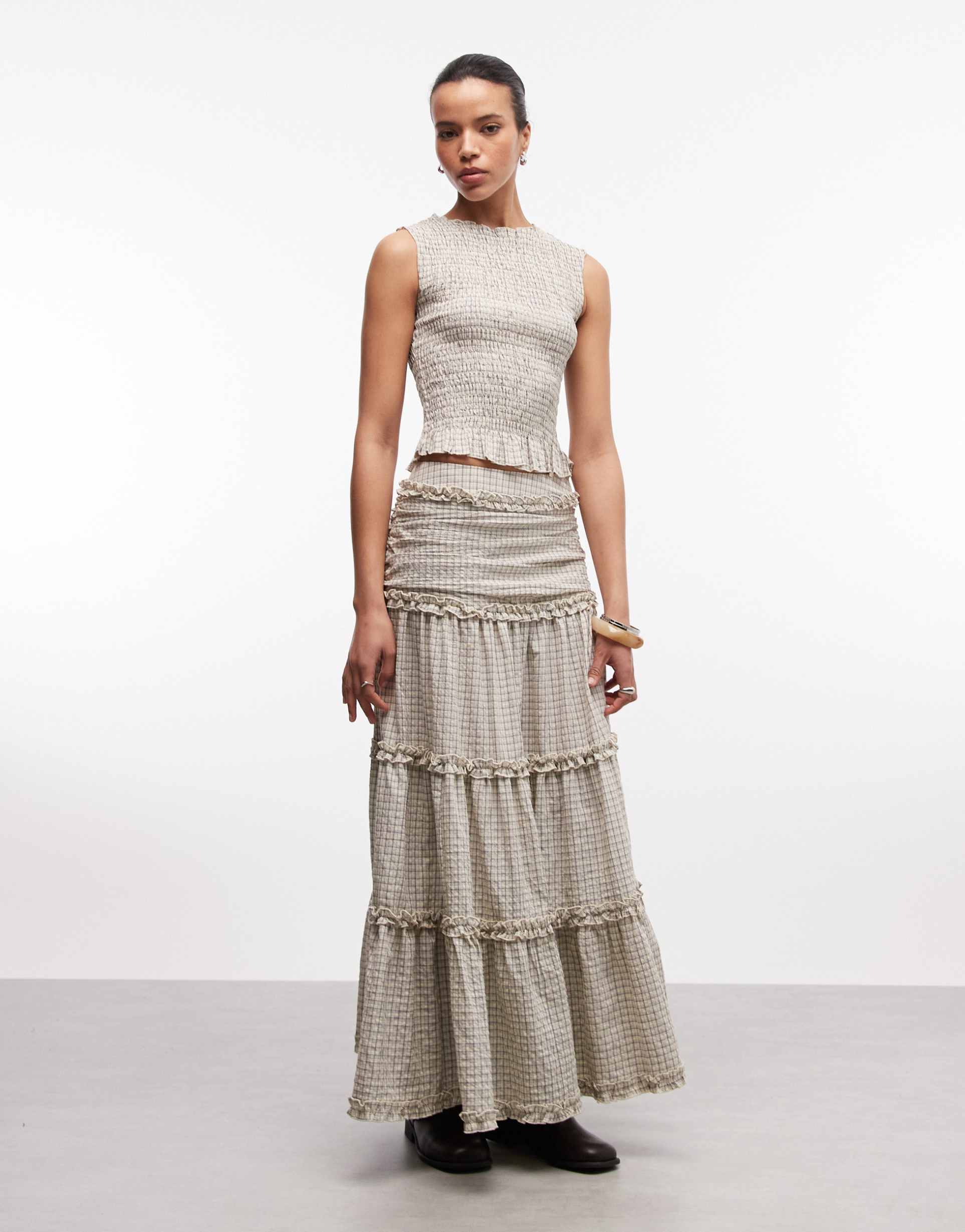 daisy street dropped waist tiered maxi skirt in cream and blue plaid - part of a set