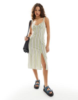 Daisy Street elasticated strap ruched bust midi dress in green stripe - view 1