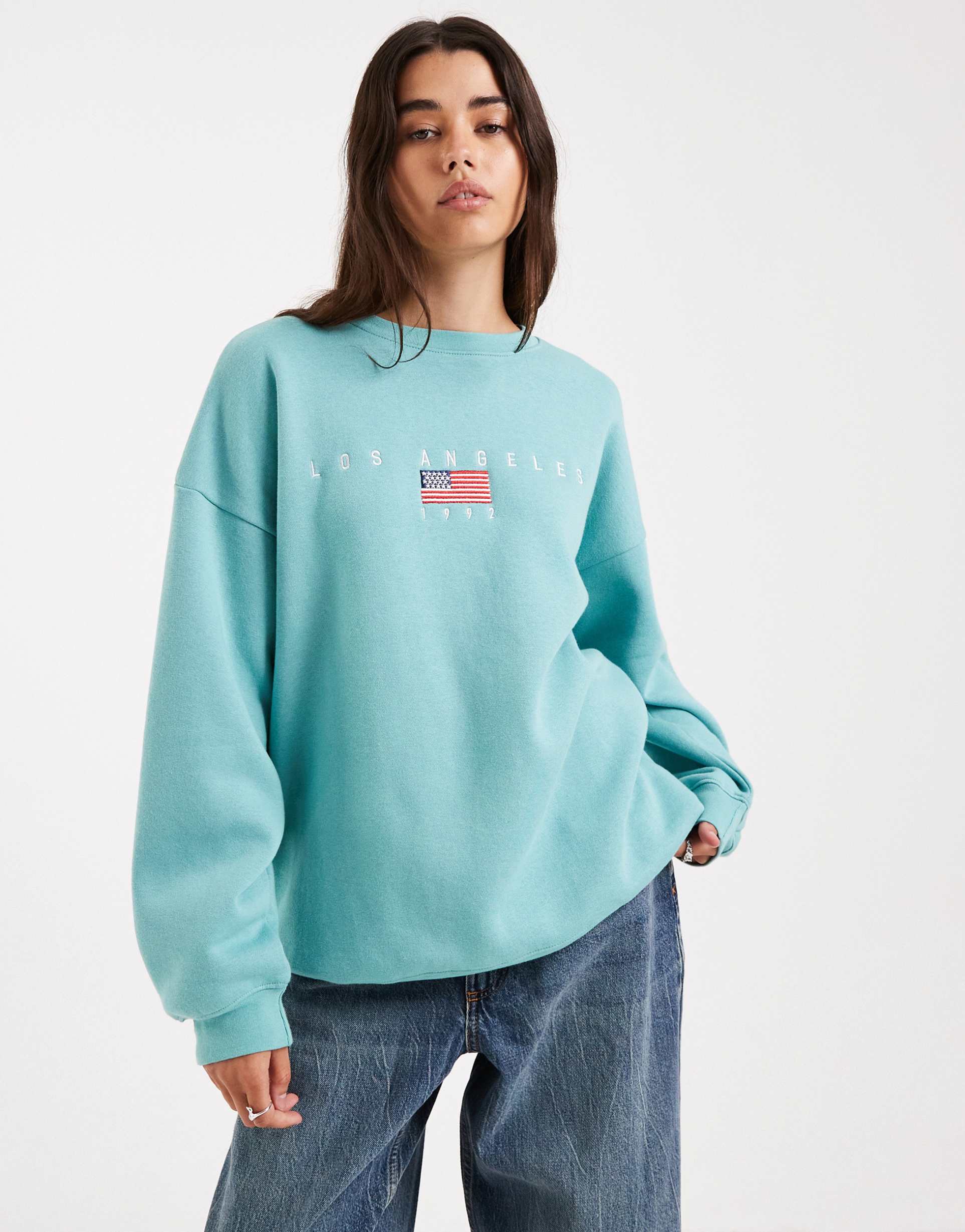 daisy street embroidered la sweatshirt in light blue