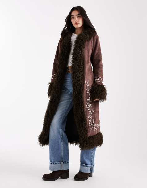 Daisy Street embroidered penny lane coat with faux fur trim in brown - view 1