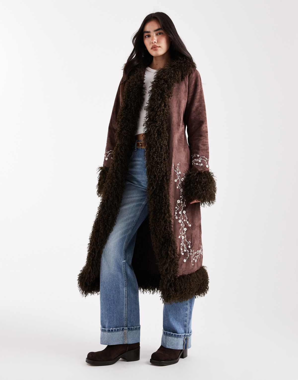 Daisy Street embroidered penny lane coat with faux fur trim in brown