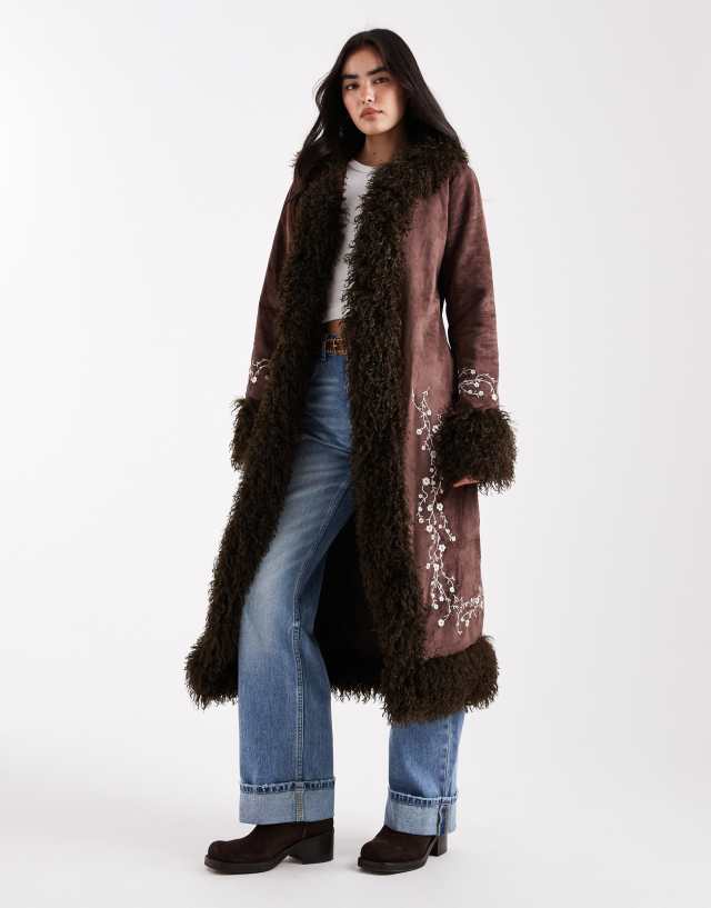 Daisy Street embroidered penny lane coat with faux fur trim in