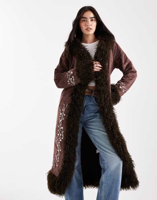 Daisy Street embroidered penny lane coat with faux fur trim in