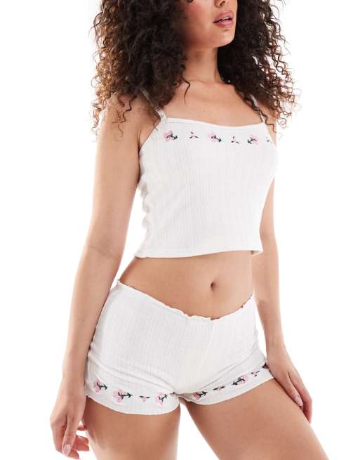 Daisy Street embroidered pointelle cami boxer pajama set in white