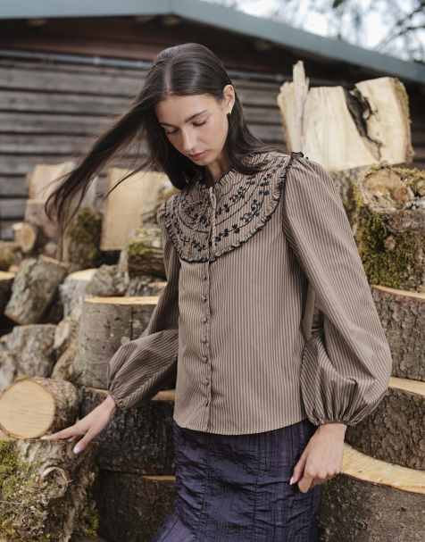 Daisy Street embroidered ruffle neck smock blouse in brown stripe - view 1