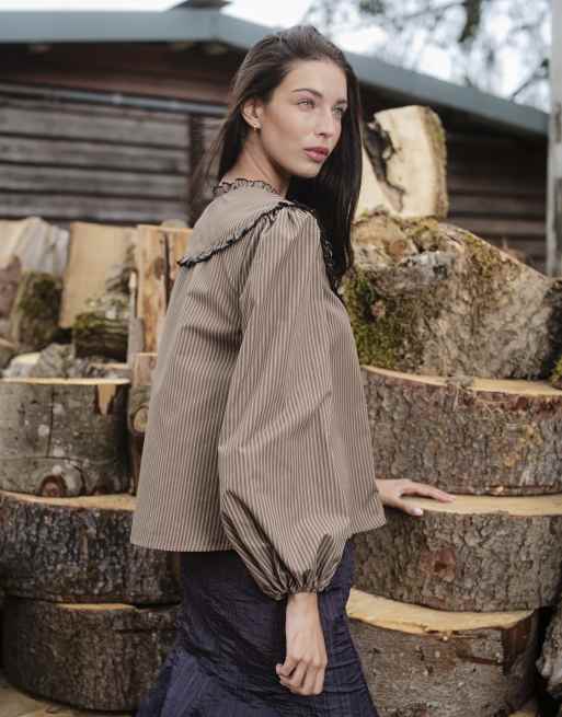 Daisy Street embroidered ruffle neck smock blouse in brown stripe, 4 of 4