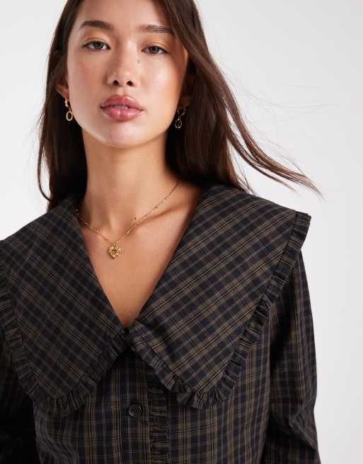 Daisy Street exaggarated collar blouse in navy plaid, 2 of 4
