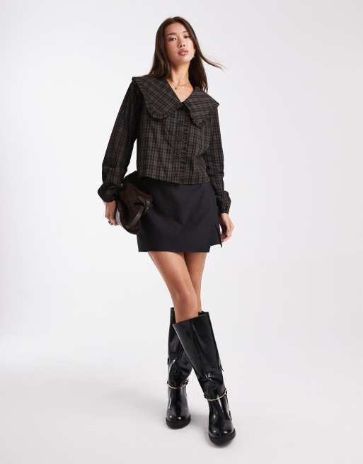 Daisy Street exaggarated collar blouse in navy plaid, 3 of 4