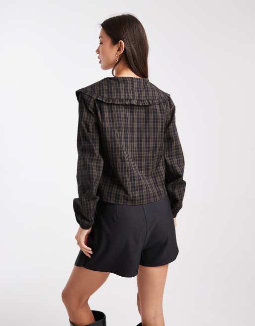 Daisy Street exaggarated collar blouse in navy plaid, 4 of 4