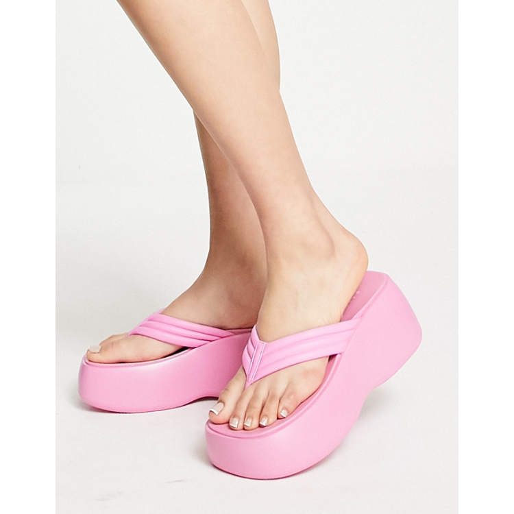 Pink Round Toe Chunky Platform Ribbed Padded Straps Flip Flops