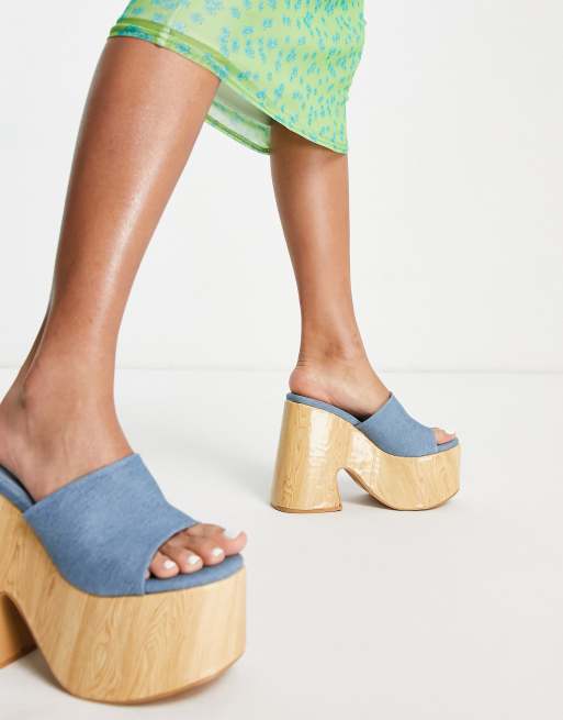 Daisy Street Exclusive chunky platform mule sandals in denim and wooden  stack