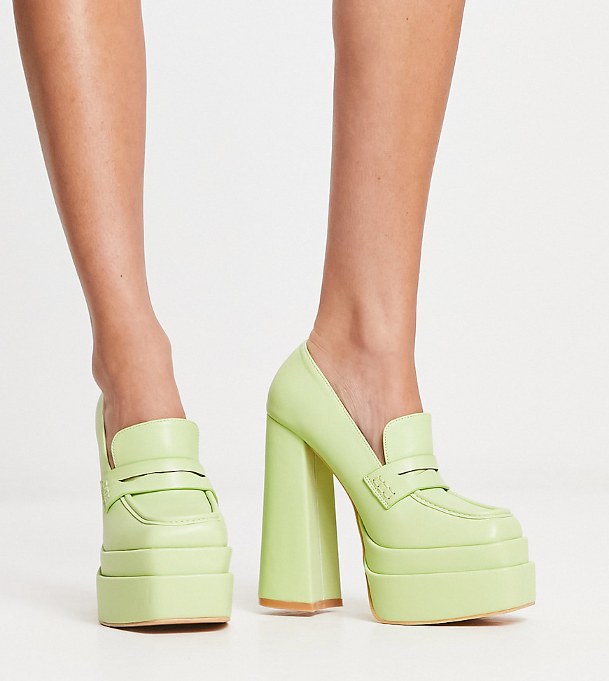 Daisy Street Exclusive double platform heeled loafers in lime-Green