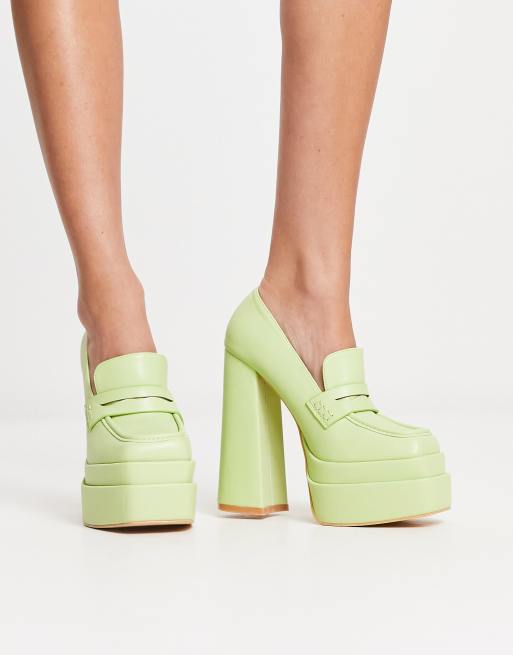 Daisy Street Exclusive double platform heeled loafers in lime | ASOS