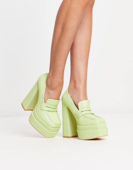 Daisy Street Exclusive double platform heeled loafers in lime | ASOS