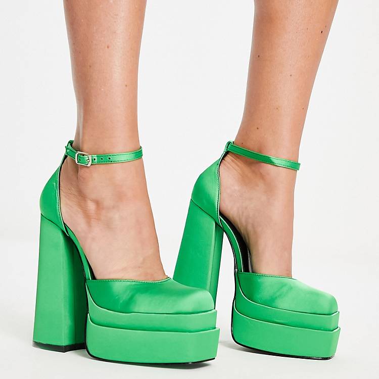 Geld rubber last ritme Daisy Street Exclusive double platform heeled shoes in bright green satin |  ASOS