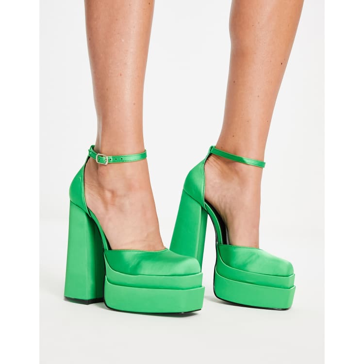 Geld rubber last ritme Daisy Street Exclusive double platform heeled shoes in bright green satin |  ASOS