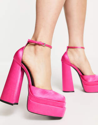 Daisy Street Exclusive Double Platform Heeled Shoes In Bright Pink Satin ModeSens