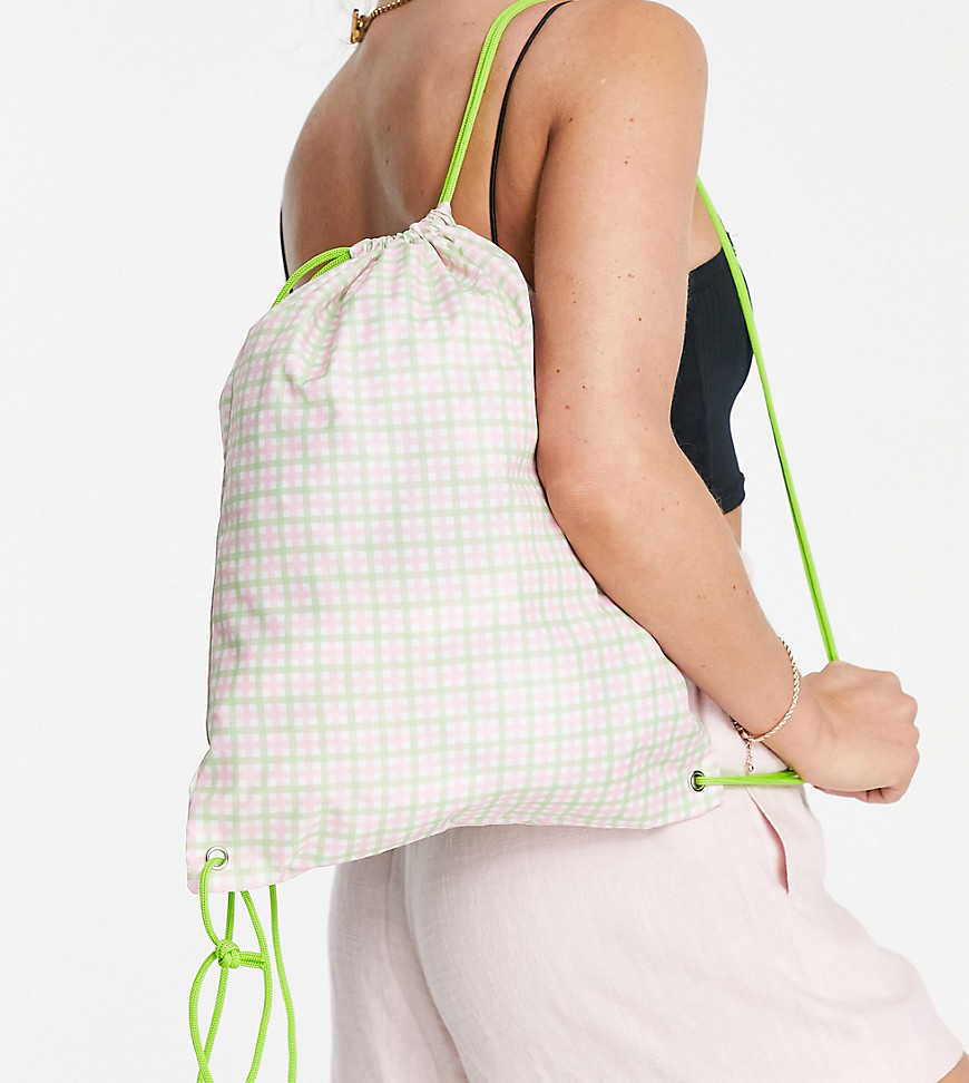 Exclusive drawstring backpack in pink and green gingham-Multi