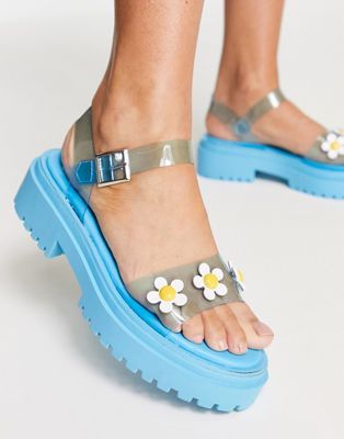 Daisy Street Exclusive flat sandals with daisies in blue vinyl