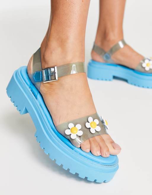 Daisy Street Exclusive flat sandals with daisies in blue vinyl