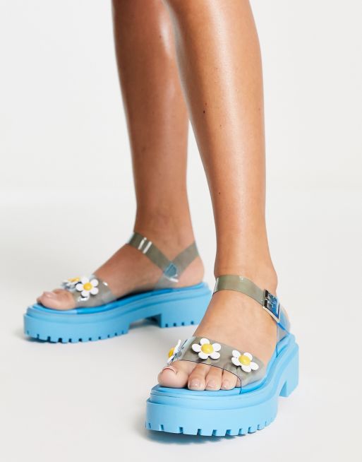 Daisy Street Exclusive flat sandals with daisies in blue vinyl