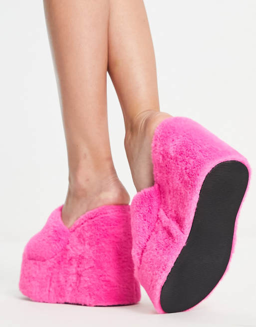 Daisy Street Exclusive fluffy platform heels in hot pink ASOS