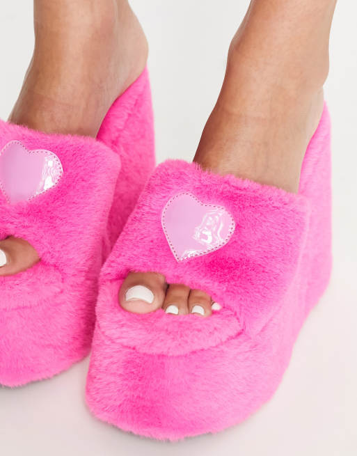 Daisy Street Exclusive fluffy platform heels in hot pink ASOS