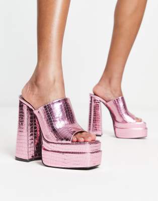 Daisy Street - Exclusive - Plateau-Mules in Rosa-Metallic mit Kroko-Optik